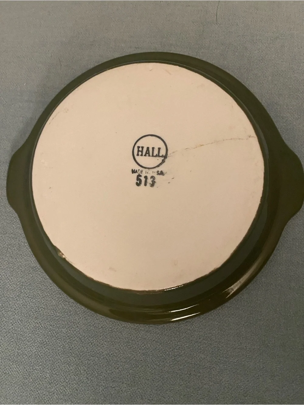 Vintage Hall China Co. 513 Au Gratin Baking Dish Olive Green White USA